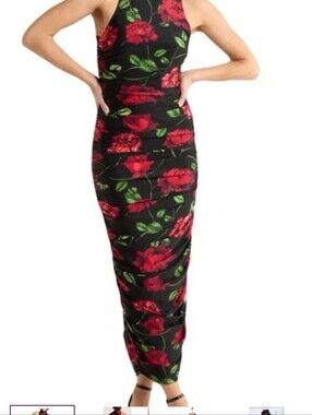 AFRM Black Maxi Dress with Red Roses and Green Leaves